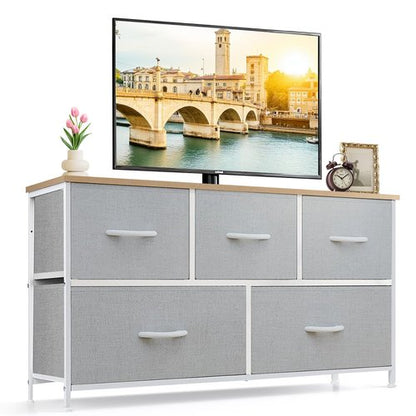 5-Drawer Dresser for Bedroom, Anti-Tip Wide Storage Organizer Fabric Chest of Drawers TV Stand for 45" TV with Wooden Top and Metal Frame for Closet, Living Room, Hallway, Entryway, Light Gray