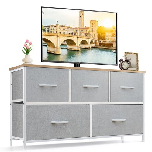5-Drawer Dresser for Bedroom, Anti-Tip Wide Storage Organizer Fabric Chest of Drawers TV Stand for 45" TV with Wooden Top and Metal Frame for Closet, Living Room, Hallway, Entryway, Light Gray