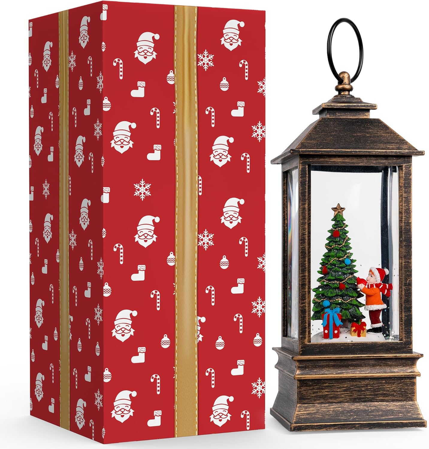 Skiennix 10'' Musical Snow Globe Lantern - Lighted Water Decoration with Swirling Glitter | Battery or USB Powered for Christmas Home Decor