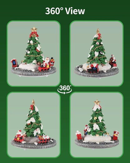iStatue Rotating Musical Christmas Tree Figurine - 6” Tall Resin Holiday Decoration with Santa Train, Plays “Merry Christmas”