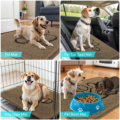 OLANLY Dog Door Mat for Muddy Paws 47x24, Paw Print Design, Absorbs Moisture and Dirt, Absorbent Non-Slip Washable Doormat, Quick Dry Chenille Mud Mat for Dogs, Entry Indoor Entryway Carpet, Tan