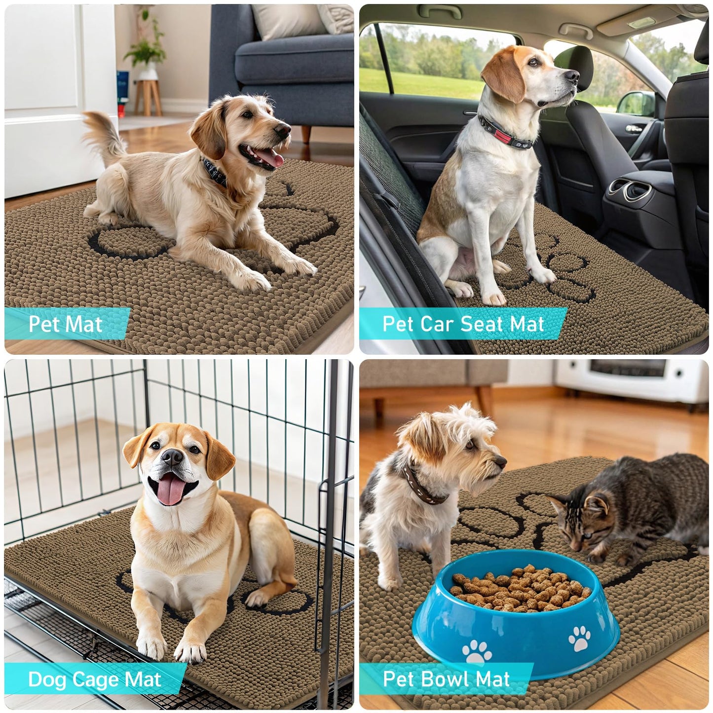 OLANLY Dog Door Mat for Muddy Paws 24x16, Paw Print Design, Absorbs Moisture and Dirt, Absorbent Non-Slip Washable Doormat, Quick Dry Chenille Mud Mat for Dogs, Entry Indoor Entryway Carpet, Tan
