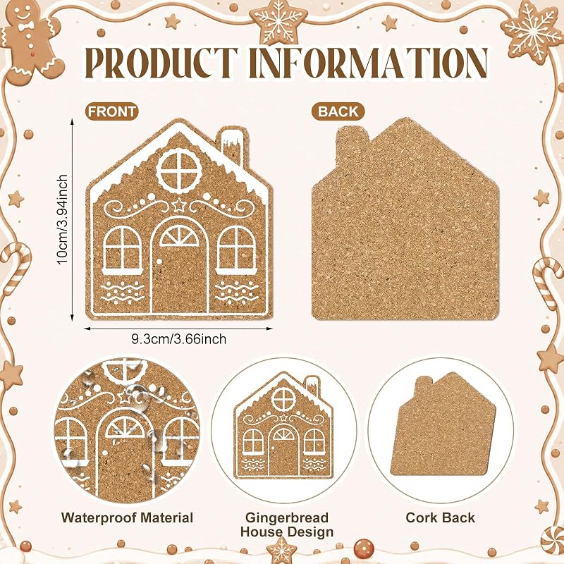 Dingion Absorbent Coasters with Cork Base - Gingerbread House (12 Pcs) Variation of THIS listing