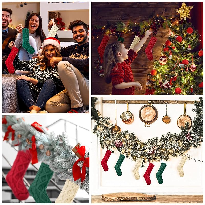 6-Pack 18 Inch Cable Knit Christmas Stockings with Hooks – White, Green, Red