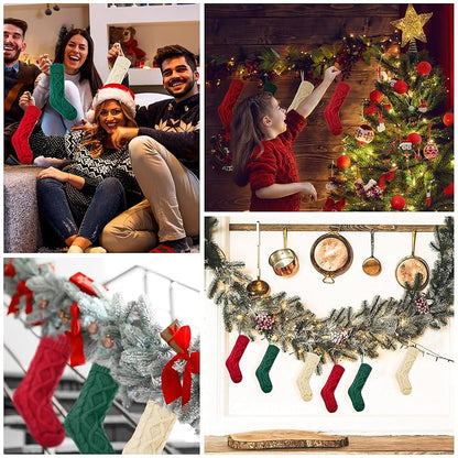 6-Pack 18 Inch Cable Knit Christmas Stockings with Hooks – White, Green, Red