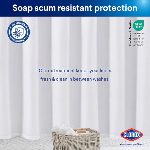 Clorox 2-in-1 Bathroom Shower Curtain Liner w Metal Hooks, Durable Fabric, Weighted Magnets for Bath Water Control, Washable Premium Quality, Modern - 72" x 72" White