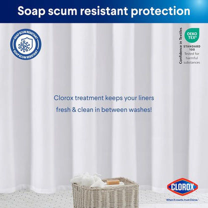 Clorox 2-in-1 Bathroom Shower Curtain Liner w Metal Hooks, Durable Fabric, Weighted Magnets for Bath Water Control, Washable Premium Quality, Modern - 72" x 72" White