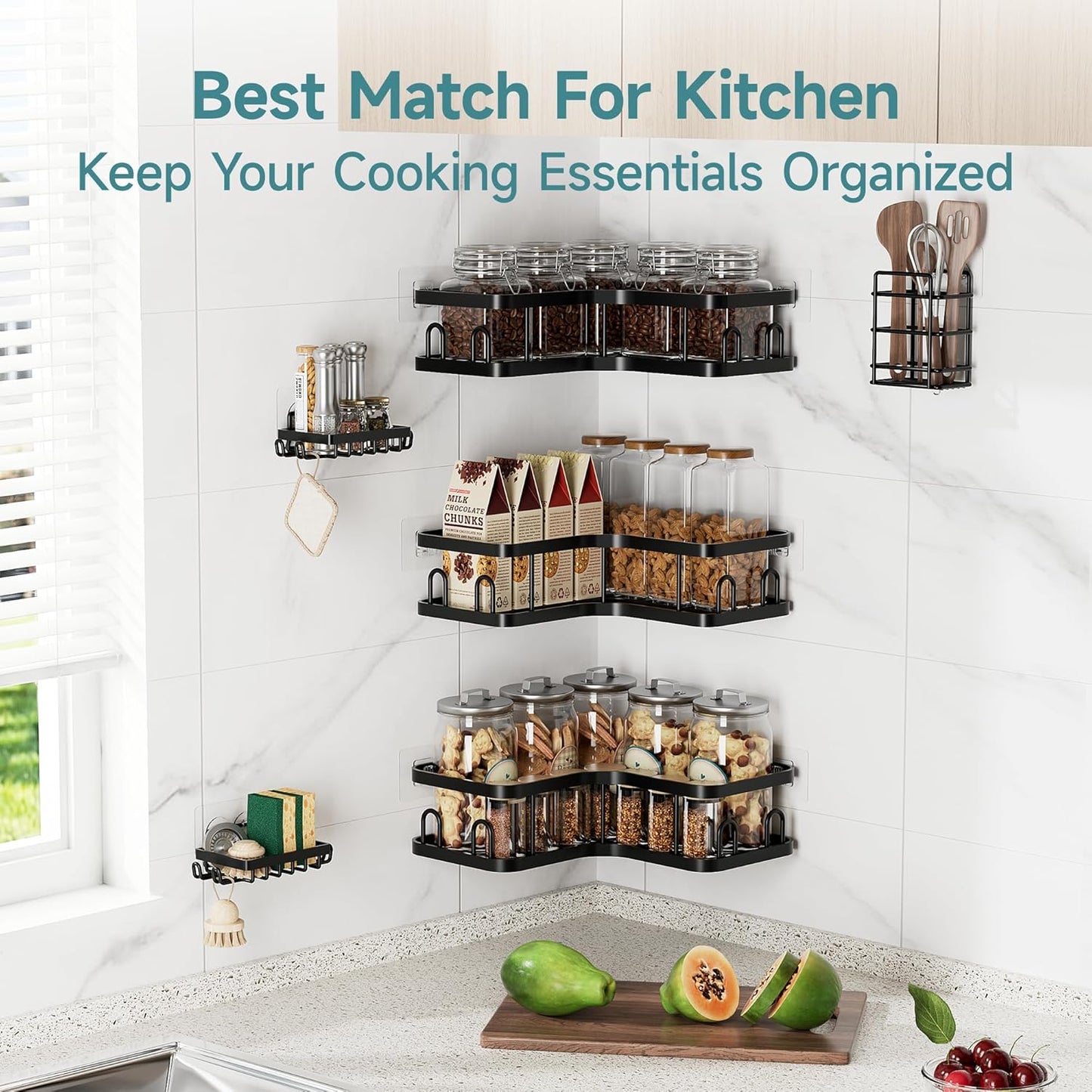 Veken Corner Shower Caddy - Rustproof Wall-Mounted Organizer with Soap Holder | 6-Pack, Black