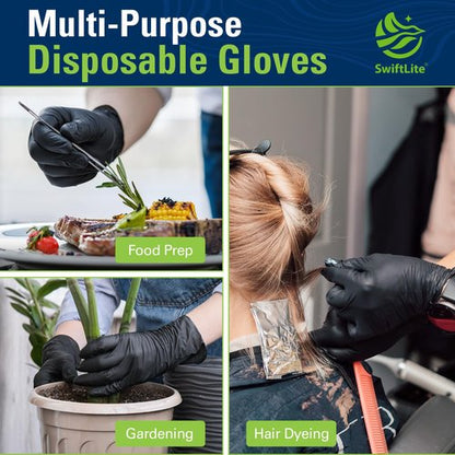 SWIFTLITE Black Nitrile Gloves, Food Safe Disposable Gloves Latex Free, Rubber Gloves Powder Free for Cooking, Kitchen Cleaning (100, Medium)