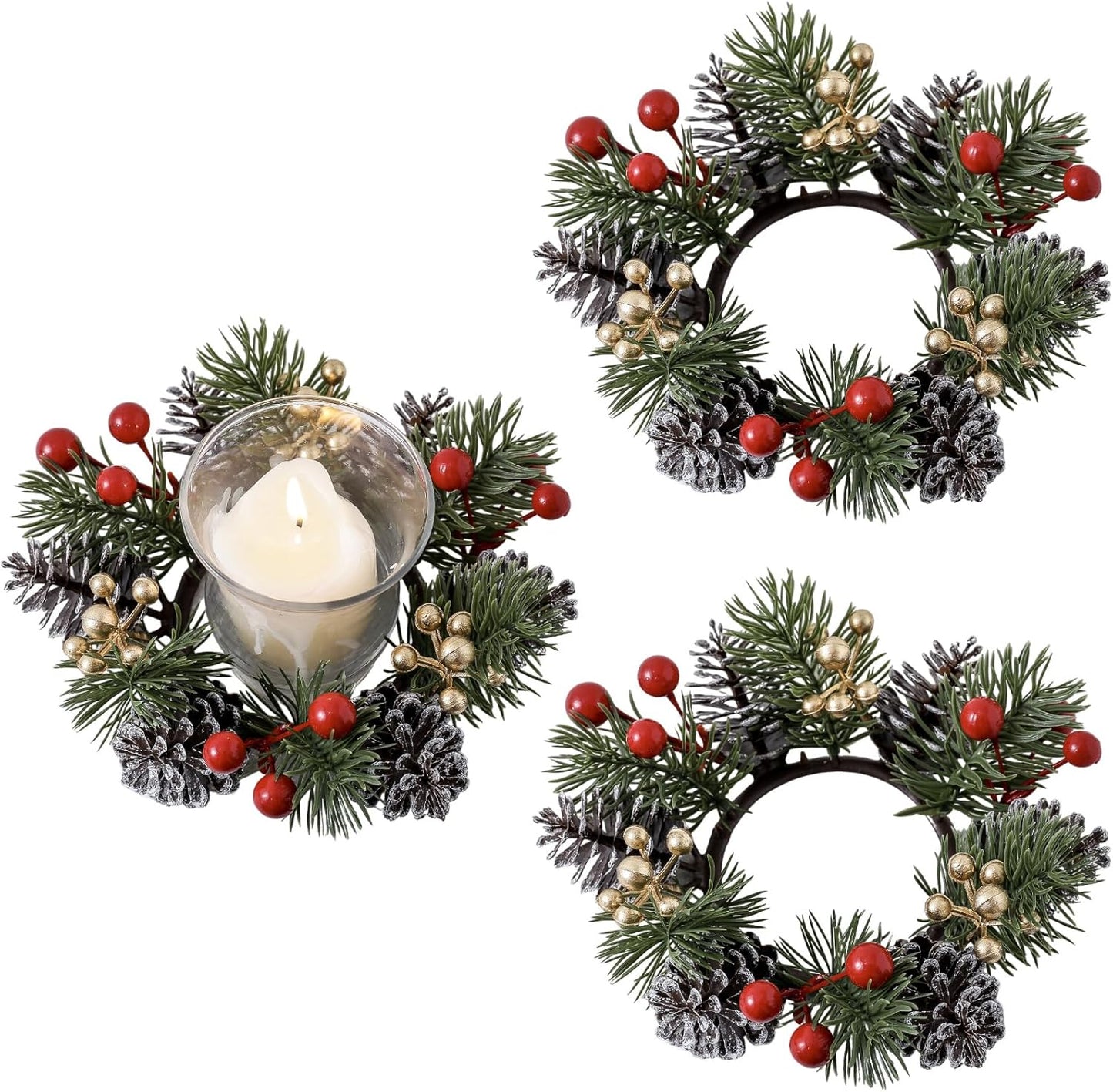 Regine Switzerland Christmas Candle Rings - Elegant Gold & Red Floral Design | 2-Piece Set for Holiday Decor