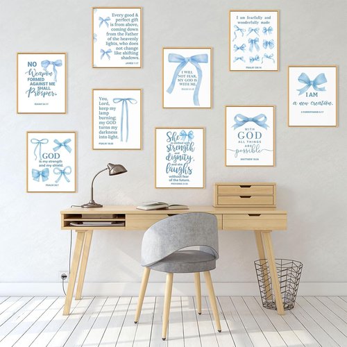 Chiisong Blue Bow Wall Art Decor - 9 Inspirational Bible Verse Poster Prints | 14 x 11'' Unframed for Girly Aesthetic Room