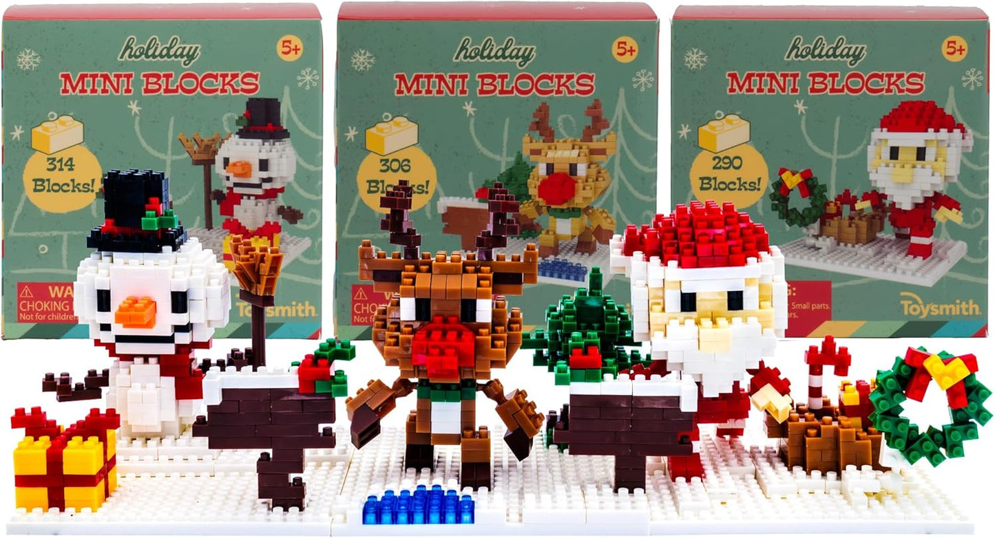 Toysmith Christmas Mini Blocks 3-Pack - Build Santa, Snowman & Reindeer - Holiday STEM Set for Kids 5+