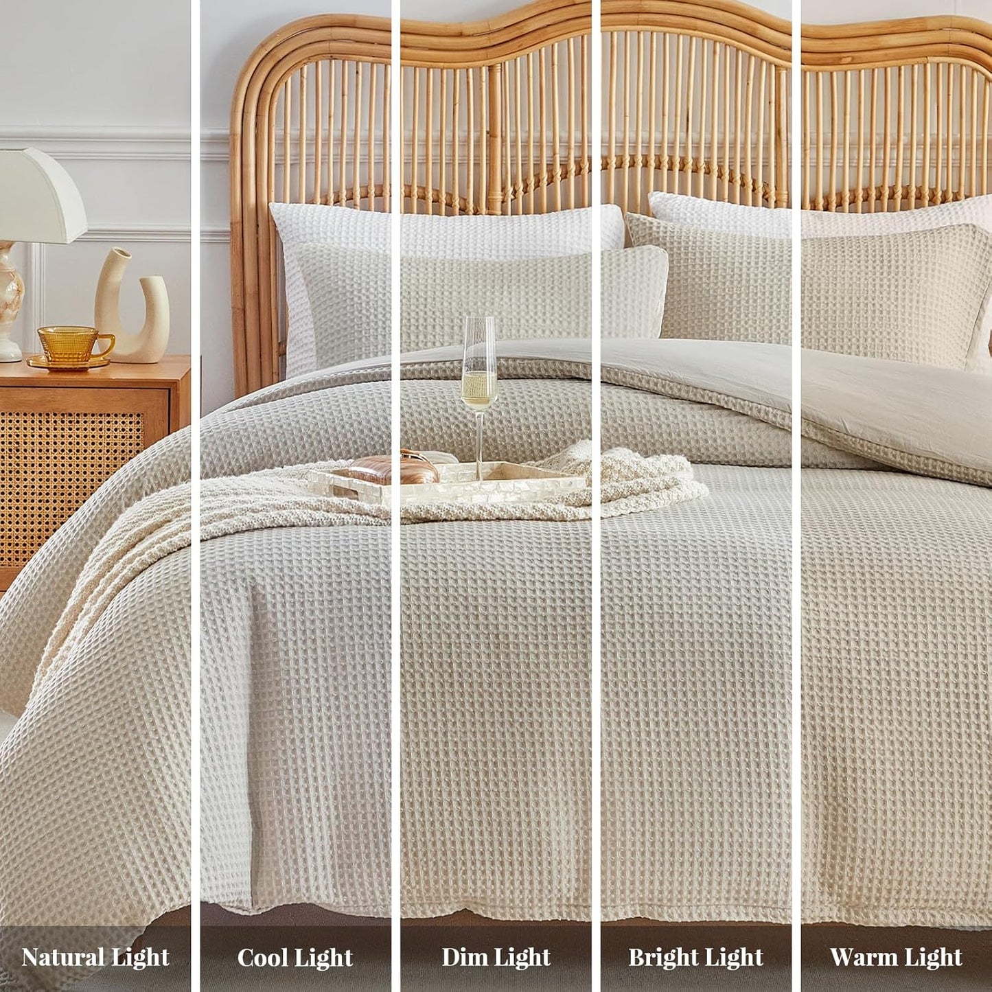 WARMDERN Waffle Weave Duvet Cover Set - Soft & Breathable Queen Size Microfiber Bedding in Khaki | 3 Pieces