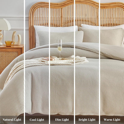 WARMDERN Waffle Weave Duvet Cover Set - Soft & Breathable Queen Size Microfiber Bedding in Khaki | 3 Pieces