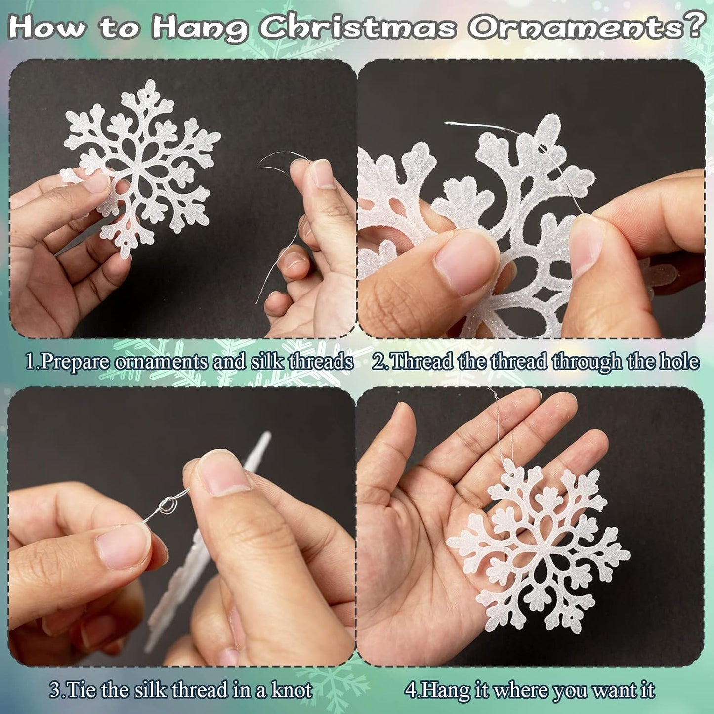 Skiennix Christmas Snowflake Ornaments - 36 Pcs Glittering White & Silver Hanging Decor for Holiday Home & Parties