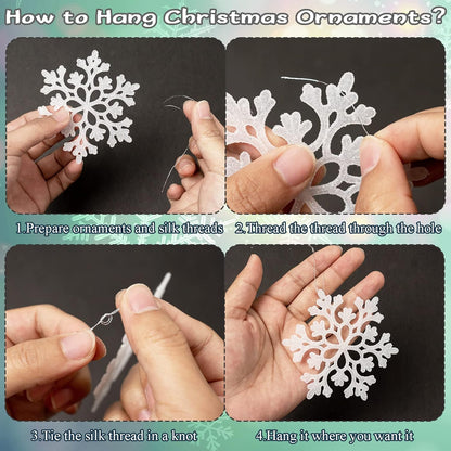 Skiennix Christmas Snowflake Ornaments - 36 Pcs Glittering White & Silver Hanging Decor for Holiday Home & Parties