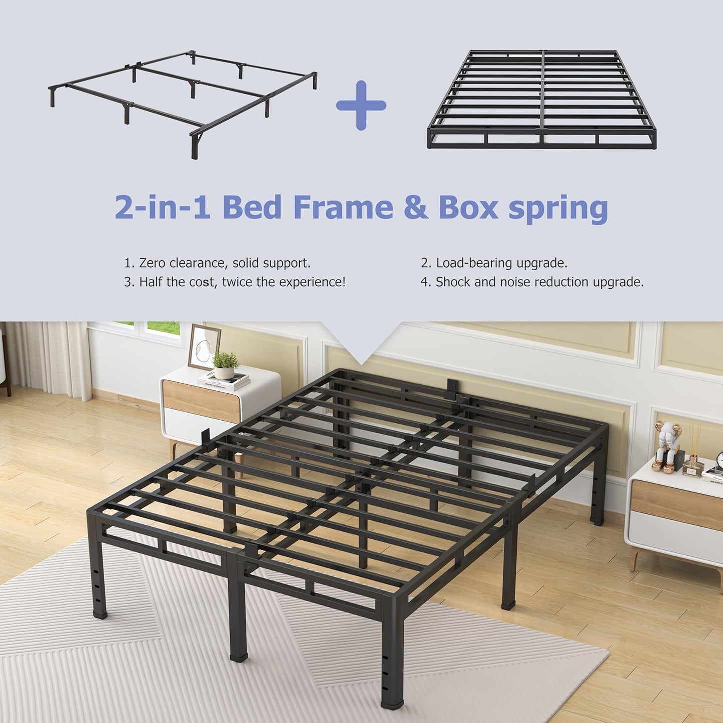 NKZ 24 Inch Full Size Bed Frame - Heavy Duty Metal Platform with Round Corner Legs & Noise-Free Design