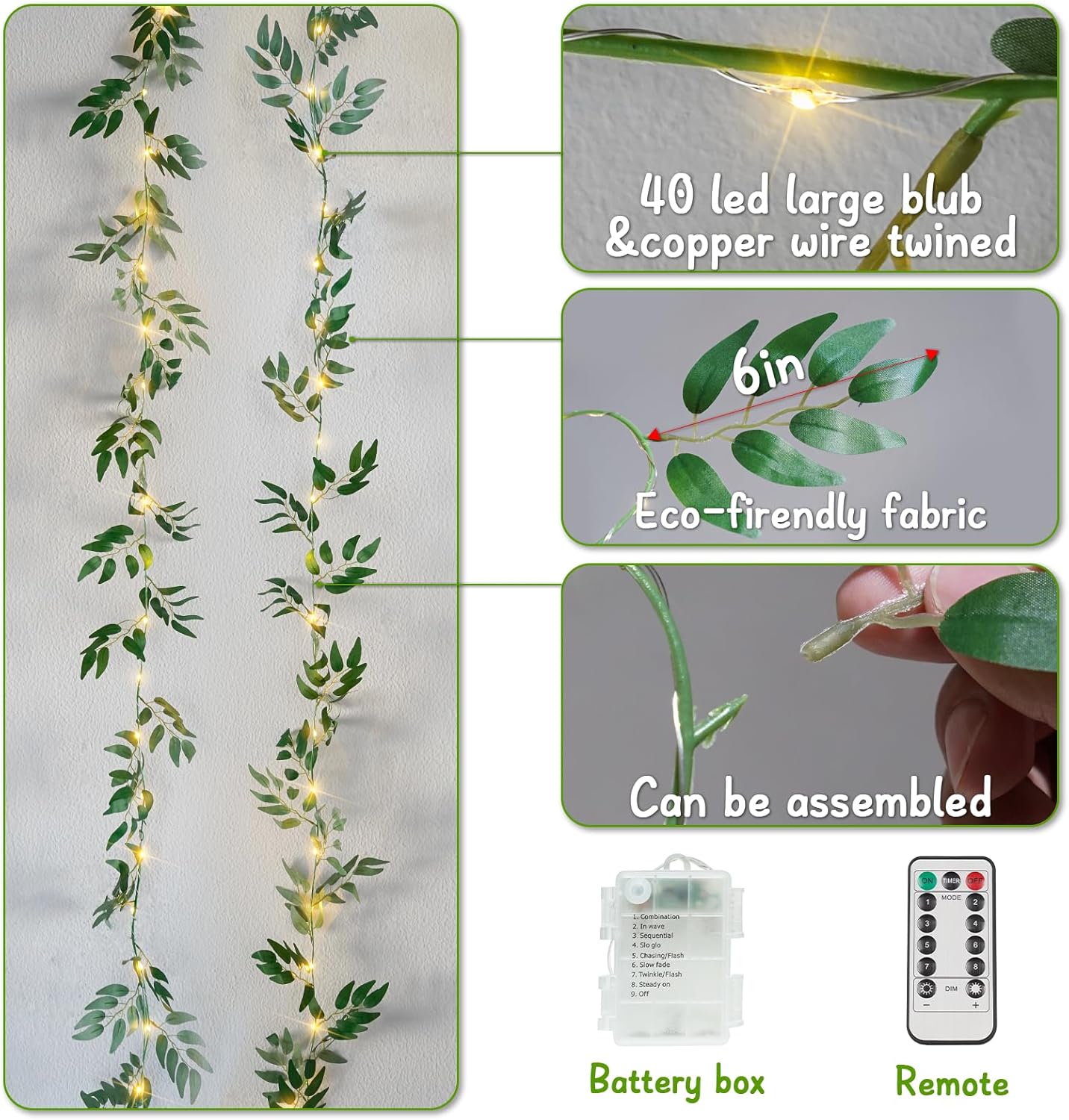 Suddus Willow Vine Fairy Lights - 12ft 40 LED Battery Operated String Lights with Remote | Warm White Decor for Bedroom, Garden, Party, Wedding