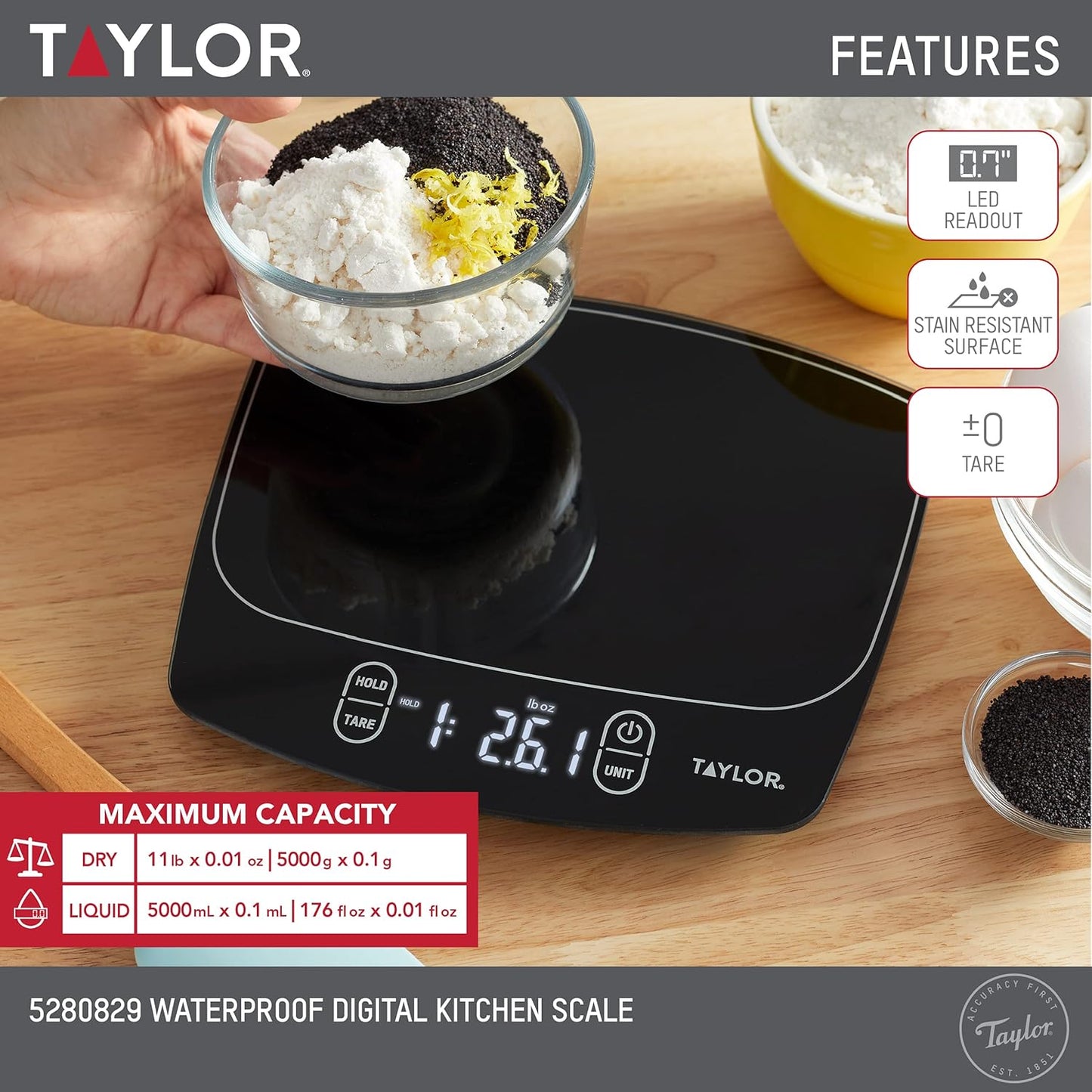 Taylor Waterproof Digital Kitchen Scale - Accurate Measurements Up to 11 Pounds | Sleek Black Design