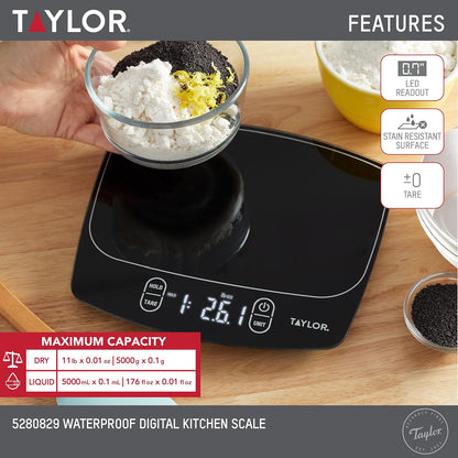 Taylor Waterproof Digital Kitchen Scale - Accurate Measurements Up to 11 Pounds | Sleek Black Design