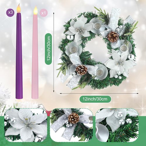 Jingmore Advent Candle Holder Kit - 6 Pcs with 12'' Wreath, Nativity Scene & 4 LED Candles for Christmas Decor