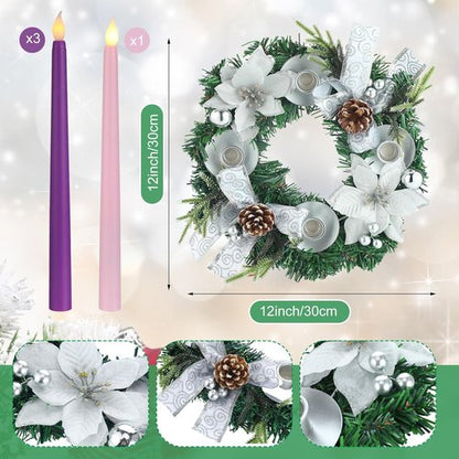 Jingmore Advent Candle Holder Kit - 6 Pcs with 12'' Wreath, Nativity Scene & 4 LED Candles for Christmas Decor