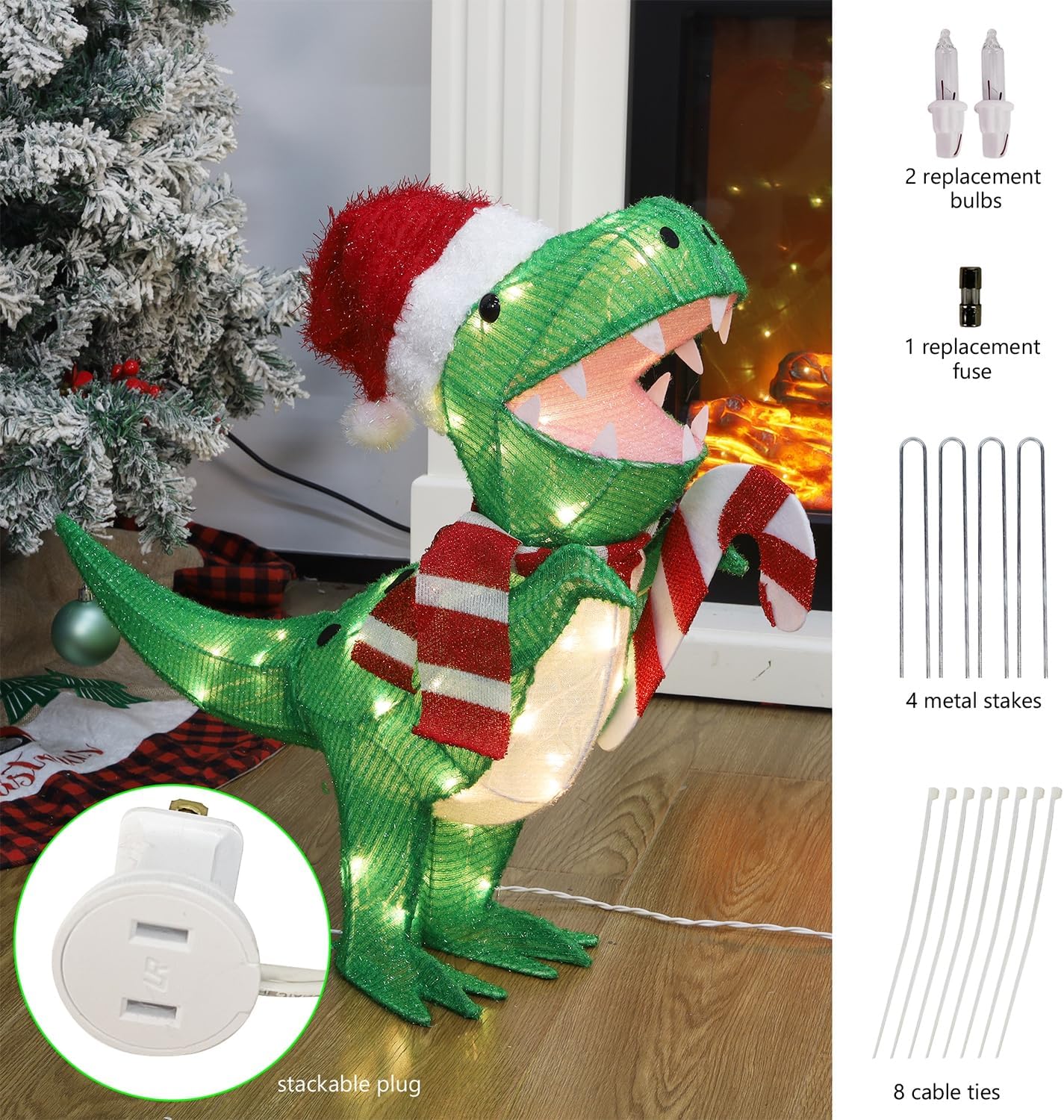Waterglide Lighted Christmas Dinosaur | 22.5-Inch Pre-Lit 3D Tinsel Tyrannosaurus with Red Hat for Outdoor Holiday Decor