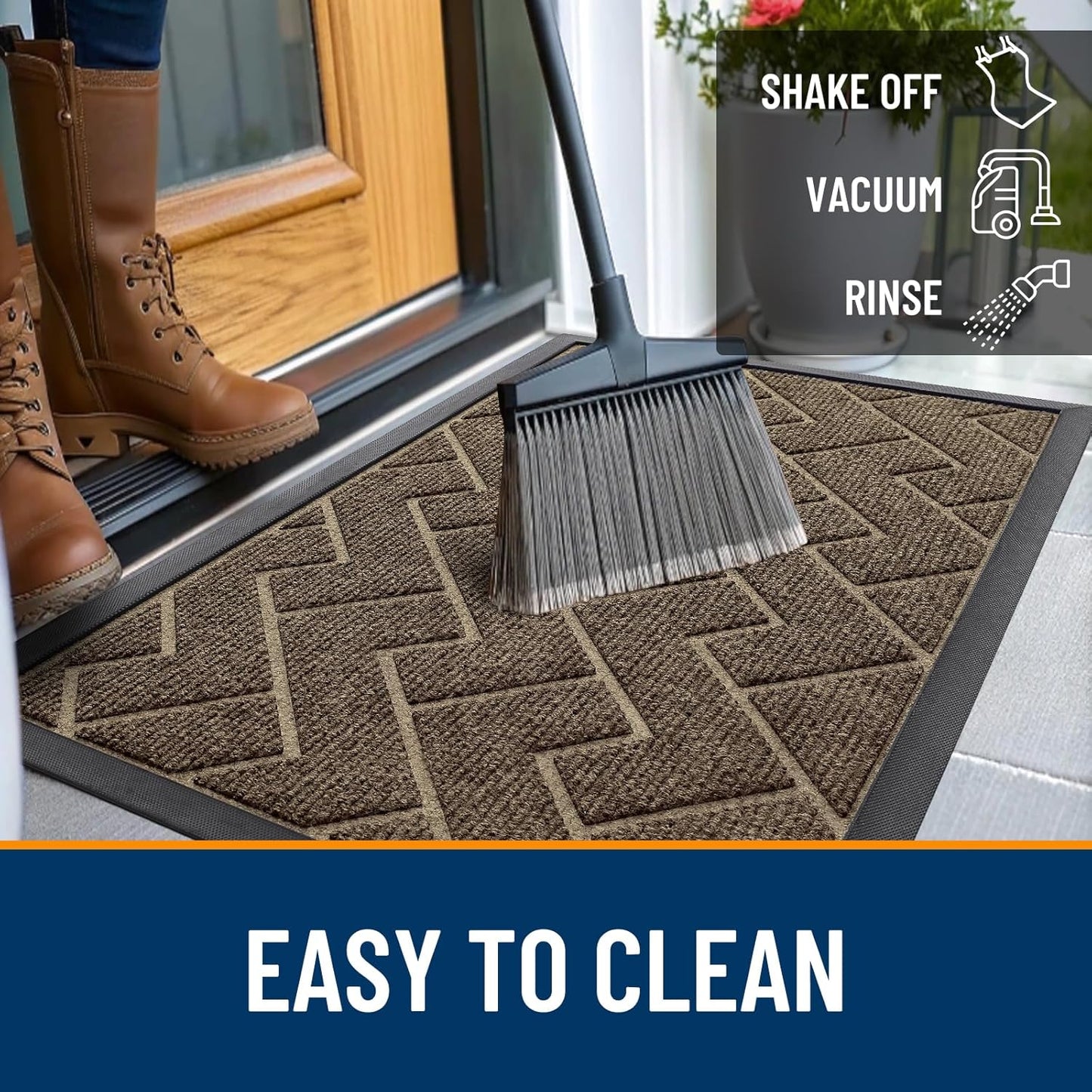 OLANLY Waterproof Front Door Mat - All-Season Indoor/Outdoor Doormat | Sturdy Natural Rubber, Herringbone Brick (Brown, 47x17)
