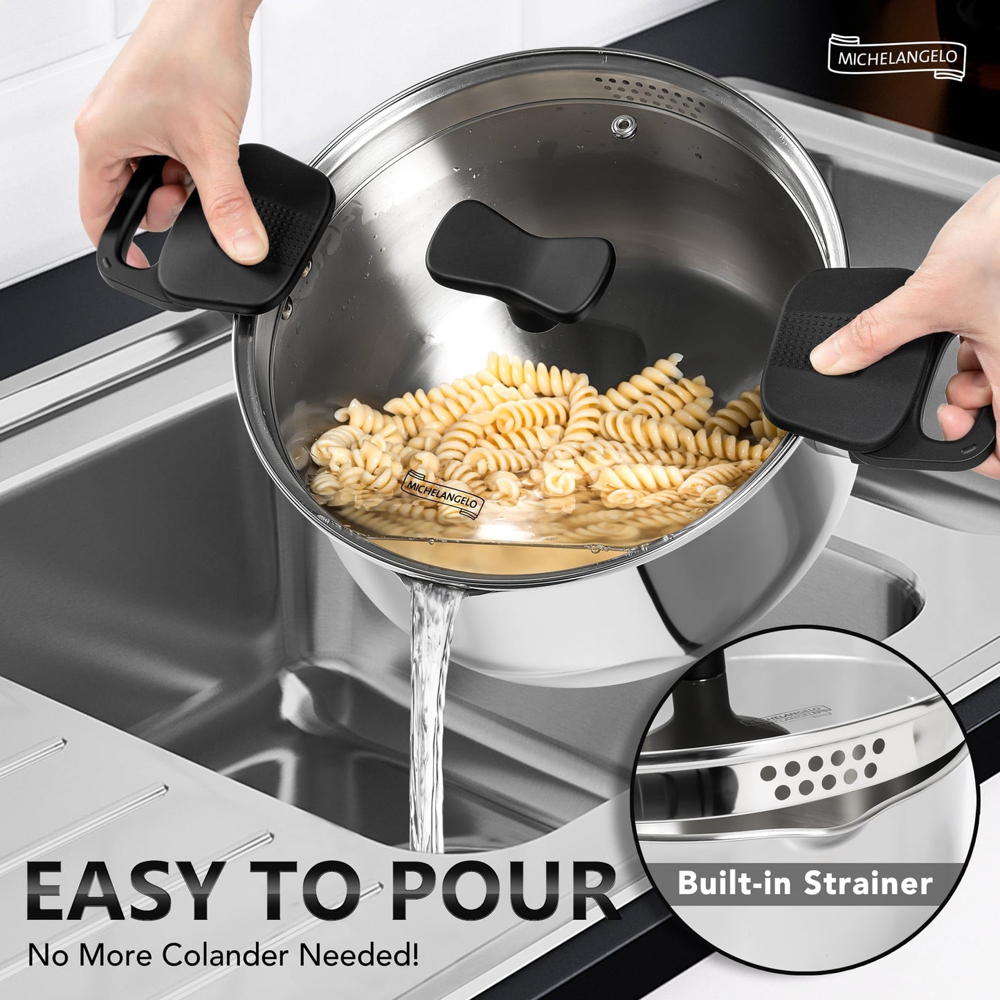 MICHELANGELO Stainless Steel Pasta Pot with Strainer Lid - Pasta Cooker | 6 Quart Induction Pot with Lid, 6 Qt Spaghetti Pot with Strainer Lid