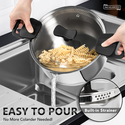 MICHELANGELO Stainless Steel Pasta Pot with Strainer Lid - Pasta Cooker | 6 Quart Induction Pot with Lid, 6 Qt Spaghetti Pot with Strainer Lid