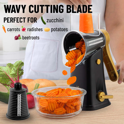 Zulay Kitchen Rotary Cheese Grater 5 Blade Cheese Shredder - Manual Hand Crank Cheese Grater With Reinforced Suction & 5 Interchangeable Drums - Easy to Use, Vegetable Chopper Round Mandoline Slicer