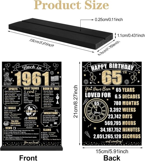 Back in 1961 65th Birthday Decorations - Two-Sided Wooden Table Sign with Stand | Black & Gold Design