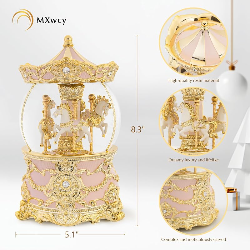 Gold & Pink 8.3" Carousel Snow Globe with Wind-Up Music Box - Meets Tune