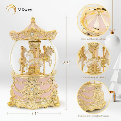 Gold & Pink 8.3" Carousel Snow Globe with Wind-Up Music Box - Meets Tune