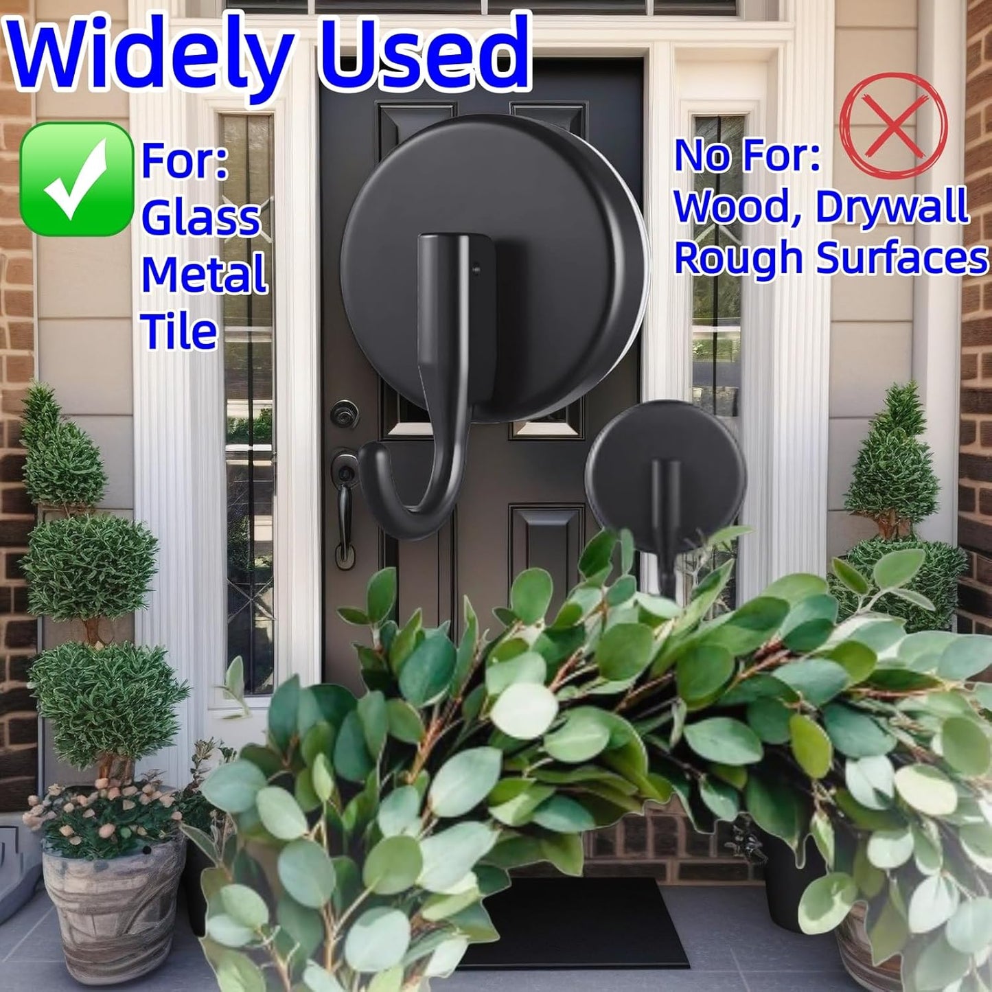 Skiennix Wreath Hanger Suction Hooks - 2 Pack Black Suction Cups for Glass & Metal | Versatile Wall Hooks for Towels & Holiday Decor