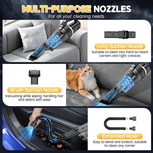 JONYJ Cordless Handheld Vacuum - 16000PA Strong Suction, Portable & Rechargeable with Multi-Nozzles & LED Light