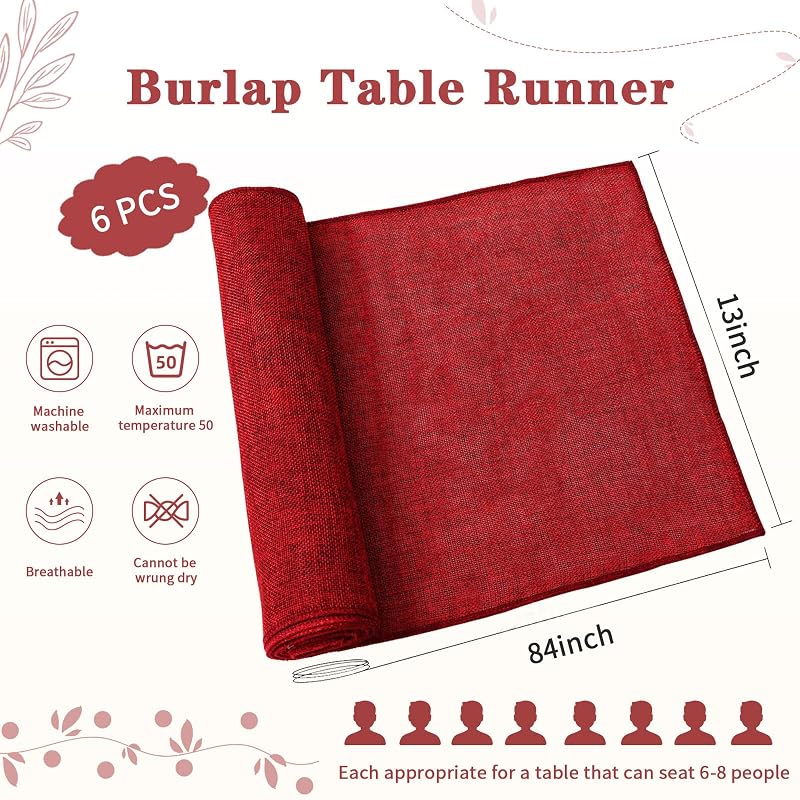 6 Pack Burgundy Burlap Table Runners 13x84 Inch - Farmhouse Dining Décor, 6 Pieces