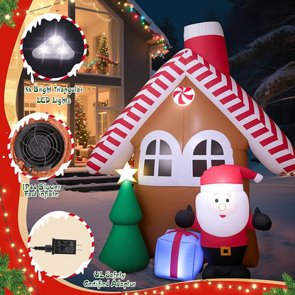 7 Ft Christmas Inflatable Candy House with Santa, Tree & Gift Box – Built-in LED Lights
