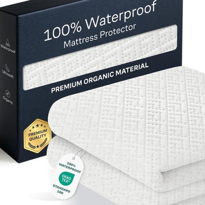 100% Waterproof Queen Mattress Protector - Noiseless Bamboo Viscose for Ultimate Spill & Stain Defense | White
