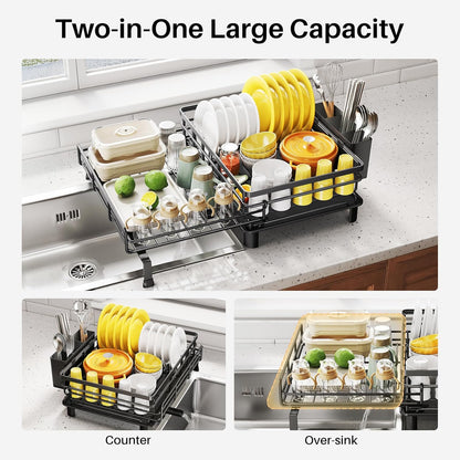 SNTD Dish Drying Rack - Extendable Stainless Steel Dish Drainer with Utensil Holder | Black