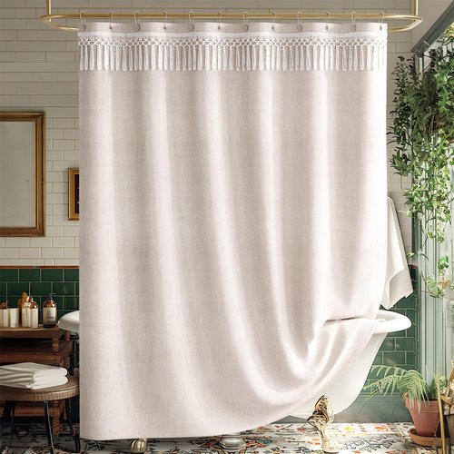 AmazerBath Boho Farmhouse Shower Curtain Beige with Top Tassels, Faux Linen Fabric Neutral Shower Curtain Set with Hooks, Water Repellent, 72x72 Inches