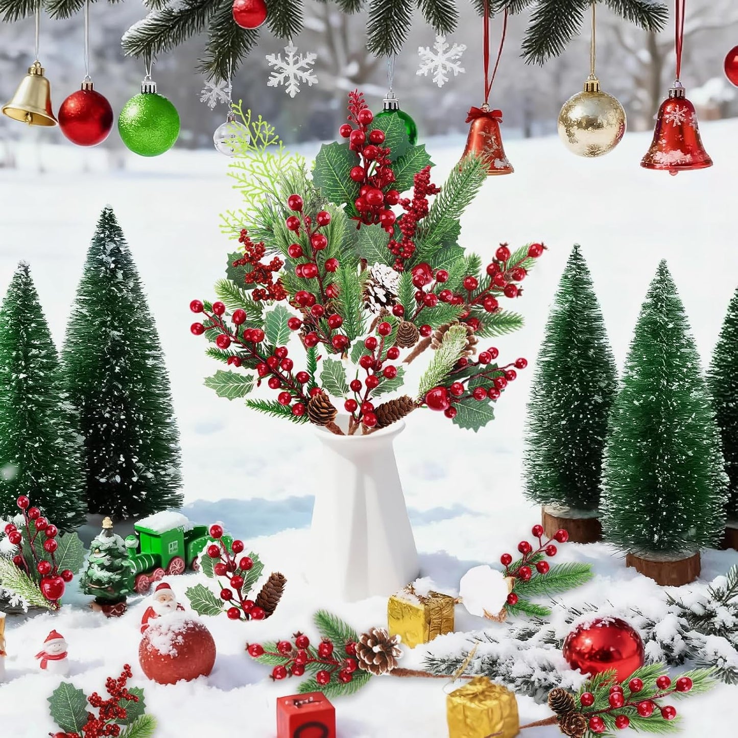 Pinecones Red Berry Picks - 12 Pcs Christmas Floral Stems for Wreaths, Garlands & Tree Decor