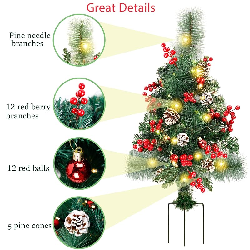 2 Pack Pre-Lit 2ft Pathway Christmas Trees with Stake - Battery Operated, 60 LED