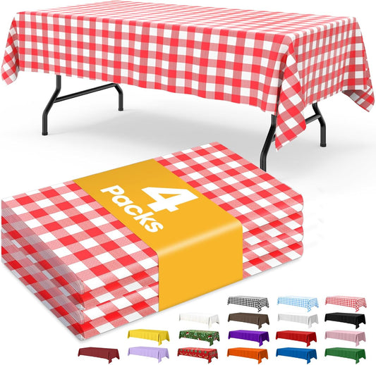Niuara Red Checkered Plastic Table Cloth - 4 Pack Disposable 54" × 108" Table Covers for Parties & Gatherings