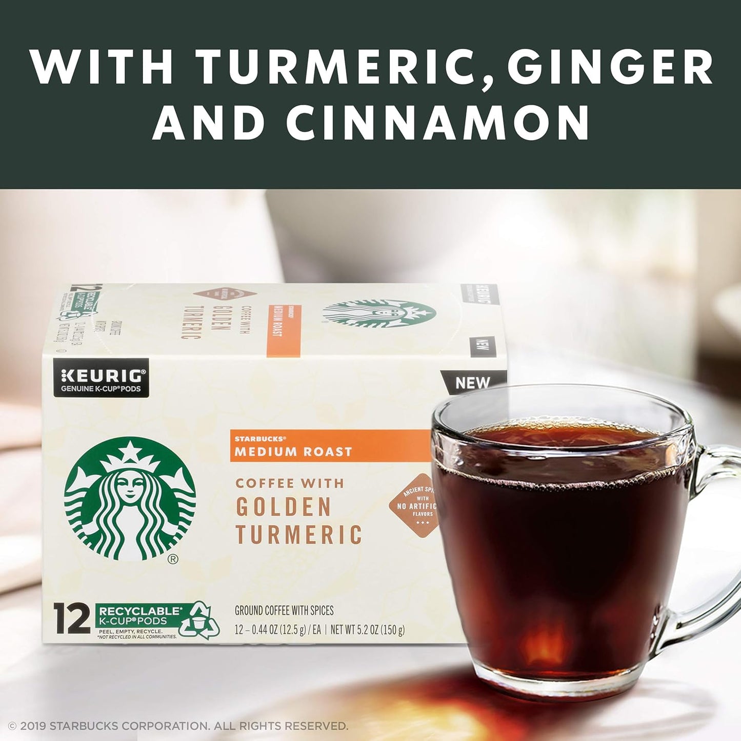 Starbucks Medium Roast K-Cup Coffee Pods - Golden Turmeric Flavor for Keurig Brewers | 48 Pods Total
