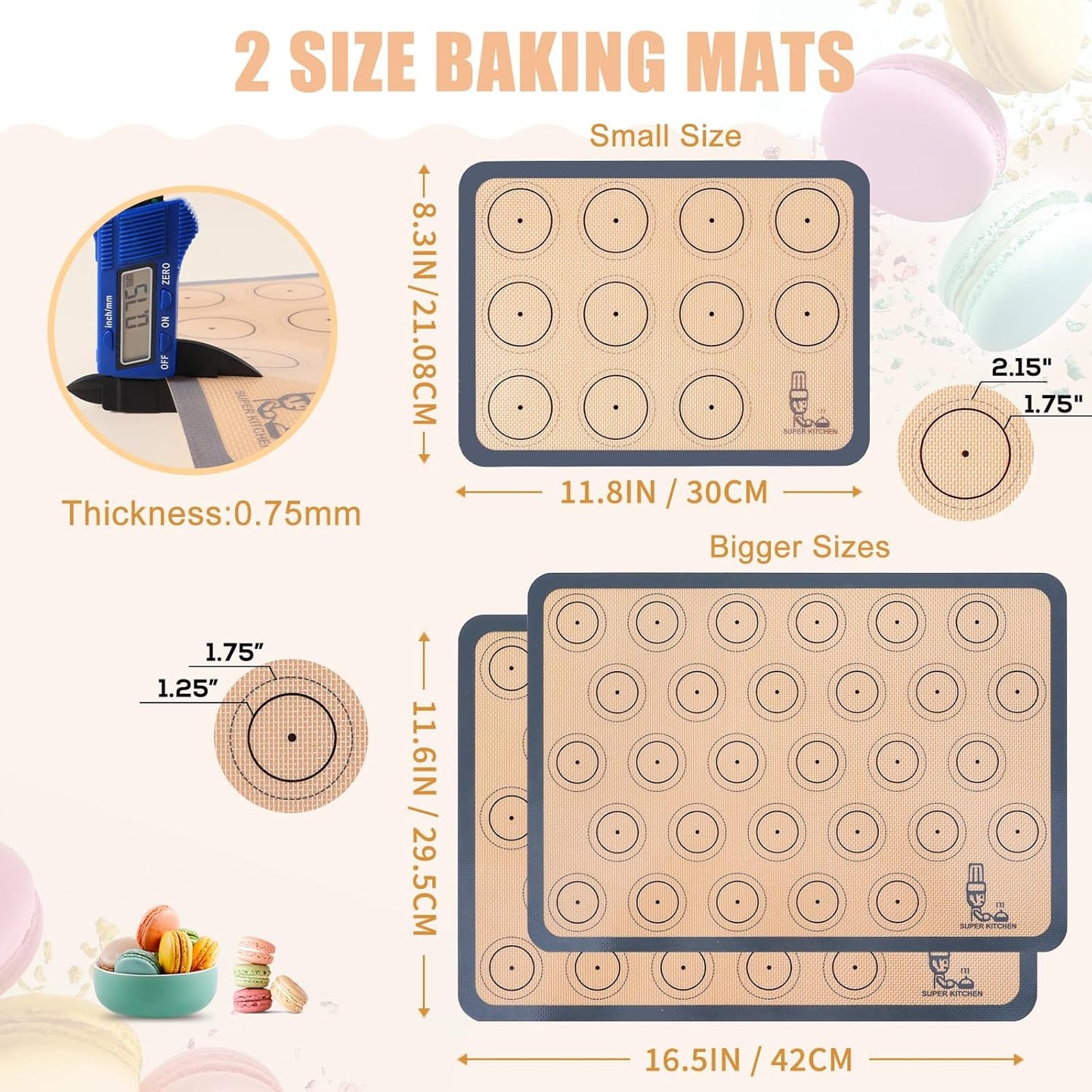 Silicone Baking Mat Macaron - Non-Stick Set of 3 Half & Quarter Sheet Liners | 16.5x11.6, Grey
