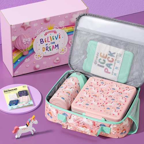 Fimibuke Kids Bento Lunch Box Set - 4 Compartments, Insulated Bag, Water Bottle & Utensils | Perfect Birthday Gift for Ages 3-12