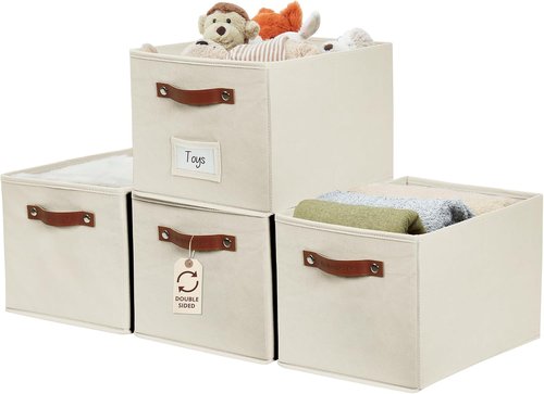 DECOMOMO Storage Baskets - Large 15"x11"x10" Foldable Fabric Organizing Bins with Labels | Beige, 4-Pack