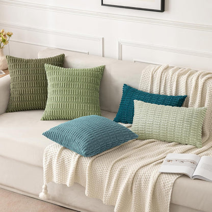 MIULEE Corduroy Throw Pillow Covers - Soft Boho Striped Design | 18x18 Inch Coastal Blue for Modern Home Decor