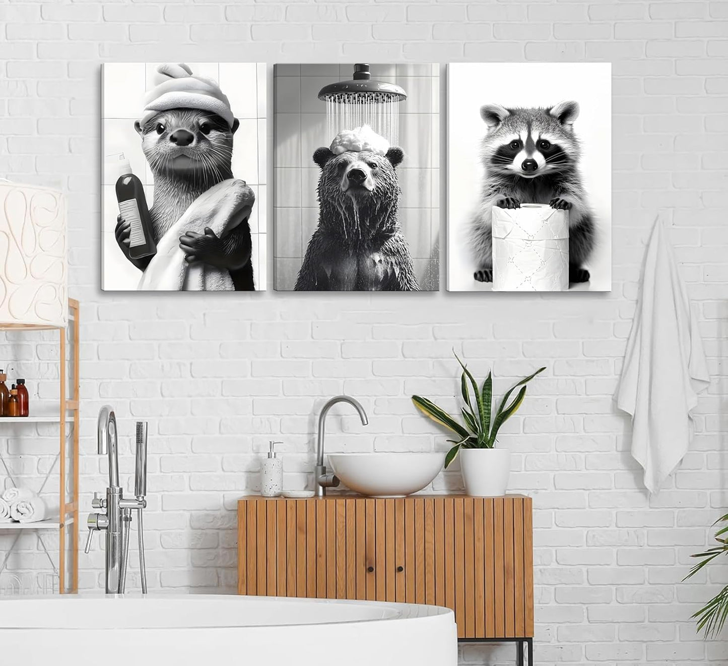 Regine Switzerland 3-Pc Framed Black & White Animal Bathroom Wall Art - Humorous Bear & Cute Raccoon Prints